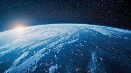 Obraz premium A breathtaking view of Earth from space, showcasing the atmosphere, ocean, and a rising sun against a backdrop of stars.