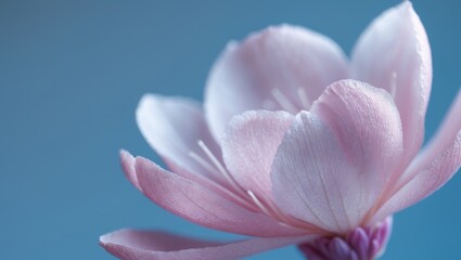 Fototapeta premium A close up of a pink flower with a blue background.