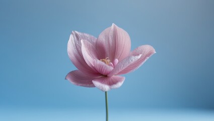 A close up of a pink flower with a blue background