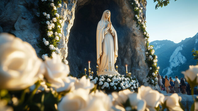 statue of Our Lady standing majestically in the holy grotto of Lourdes, decorated with white roses and burning candles, 
