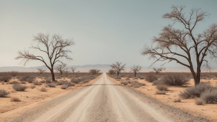 Naklejka premium A dirt road in a desert with a few trees in the background