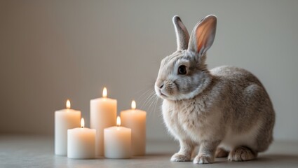 a rabbit is standing in front of candles