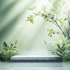 Serene Marble Platform with Lush Greenery and Soft Sunlight.