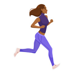 Athletic woman jogging in purple sportswear, side view, dynamic pose on white background. Concept of fitness and healthy lifestyle. Vector illustration