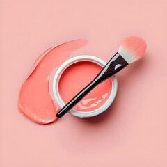 Coral makeup cream jar with brush on pink background