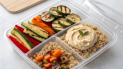 Healthy meal prep container filled with brown rice, grilled vegetables, and hummus ready for a nutritious lunch or dinner
