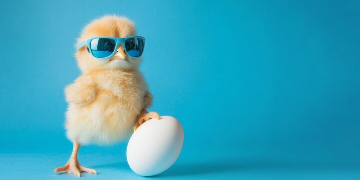 happy easter concept holiday greeting card - Cool cute chick with sunglasses and easter egg, isolated on blue background