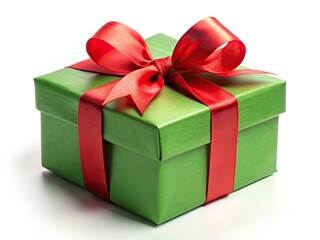 Obraz premium Elegant Gift Box, Green, Red Ribbon, Rule of Thirds, White Background, AI Photo
