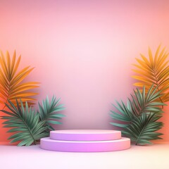 Pastel Pink Studio Background with Tropical Leaves and Two-Tiered Display Podium.