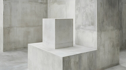 Concrete cube display in modern minimalist interior space