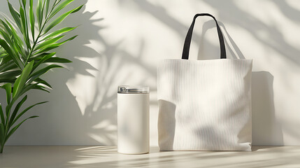 White Striped Tote Bag and Tumbler with Palm Plant in Sunlight