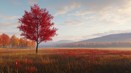 Fototapeta premium Lonely maple grows in a meadow against the backdrop of a picturesque autumn landscape
