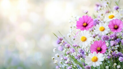Fototapeta premium Summer wildflowers bouquet, garden bokeh background, floral arrangement, greeting card design