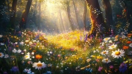Fototapeta premium Enchanting Forest Glade with Wildflowers and Lush Grass in a Vibrant Setting
