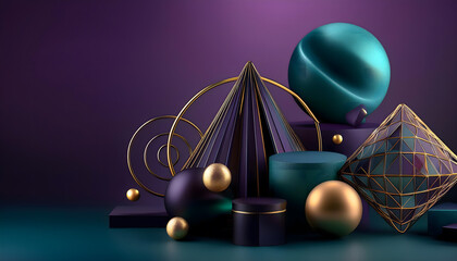 3D abstract black, gold and teal colored geometric shapes, dark purple background