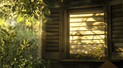 Sunlight Filtering Through Shuttered Window Surrounded by Greenery