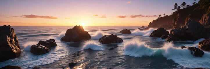 Obraz premium Ocean water splashing on a rocky coastline at dusk, ocean waves movement, wave pattern