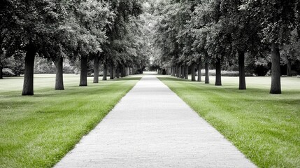 Obraz premium Serene park path, trees lining walkway, peaceful background, nature scene, perfect for travel brochures