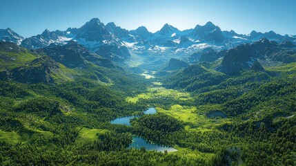 Majestic mountain range with lush green valley and lakes.
