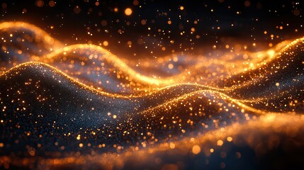 An abstract and elegant flowing border of detailed gold glitter against a black gradient. This design evokes holiday magic with its shimmering luxury background, festive sparkles, lights, and ample 