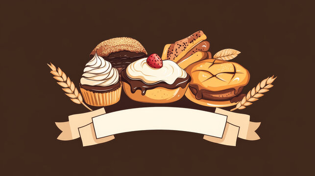 Bakery, pastry shop emblem, Vector patisserie business label. Menu card sticker with elements of dessert cakes, sweet chocolate roll buns, tasty pie, wheat ears, bread bakery style ribbon
