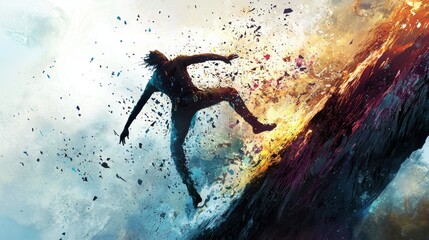 Naklejka premium Person falling into abstract space while colorful fragments scatter in the air