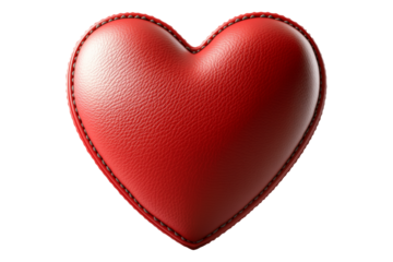 Red leather heart with visible stitching details, textured surface and smooth finish isolated on white transparent background, symbolizing love and care