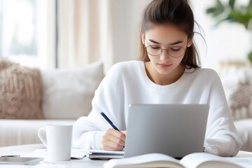 Young woman wearing glasses studying at home, taking notes while using laptop, elearning or home office concept