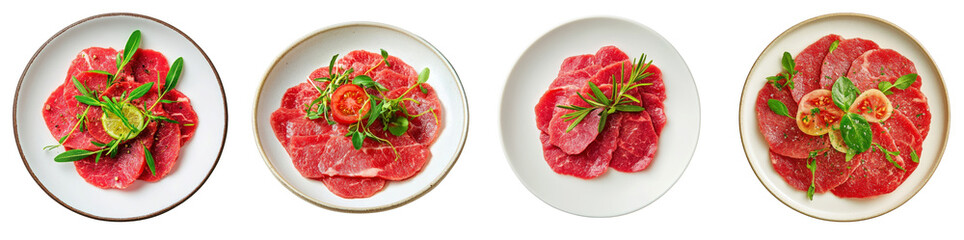A plate of beef carpaccio, thinly sliced beef, isolated on white background. Collection Png.