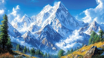 Majestic snow-capped mountain peak, clouds, trees.