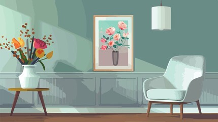 Chic Modern Home Interior with Elegant Flower Bouquet on Wooden Table