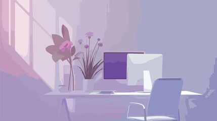 Sleek Modern Office Desk with Computer Chair and Vase of Flowers