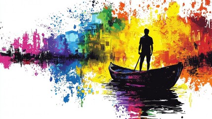 Obraz premium Bright colors and a solitary figure in a boat on a tranquil waterway at dusk