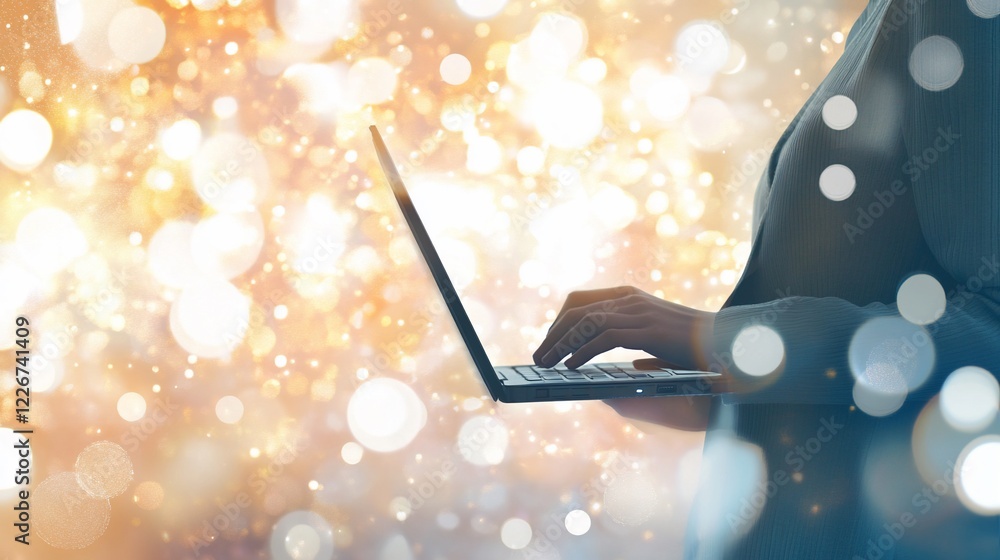 Poster person using a laptop with blurred bokeh lights background creates a techy mood