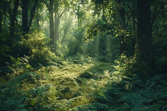 Serene sunlit forest with lush green undergrowth, peaceful woodland landscape