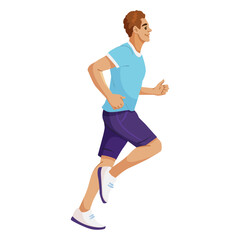 Fototapeta premium A man in athletic clothing jogging, wearing a blue shirt and purple shorts, on a white background. Concept of fitness and healthy lifestyle. Vector illustration