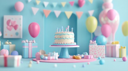 Cozy Birthday Party Scene with Cake, Balloons, and Colorful Decorations