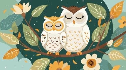 Sweet Mothers Day Owls Flat Vector Illustration