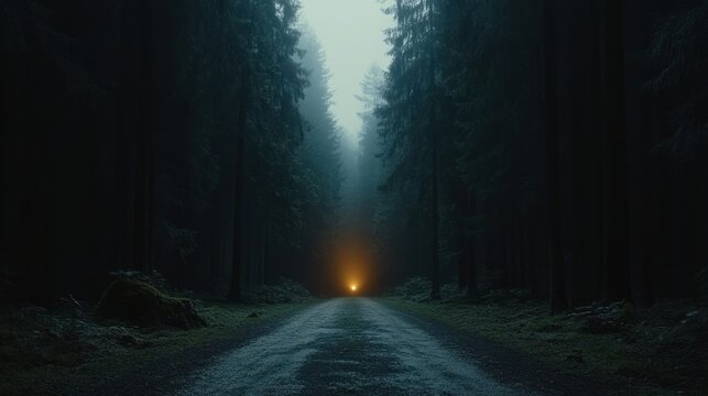 Foggy forest road, distant light, mysterious path, cinematic mood - Powered by Adobe