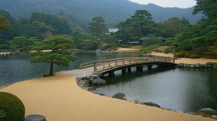 Fototapeta premium Serene Japanese Garden Landscape: A Wooden Bridge Over Calm Waters