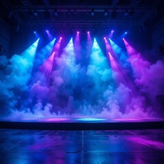 Theater stage with colorful floodlights and smoke background,Fog Machine Party,A theater stage bathed in blue and purple lighting with a subtle fog effect.