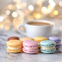 Obraz premium A cozy scene featuring colorful macarons and a cup of coffee on a marble surface.