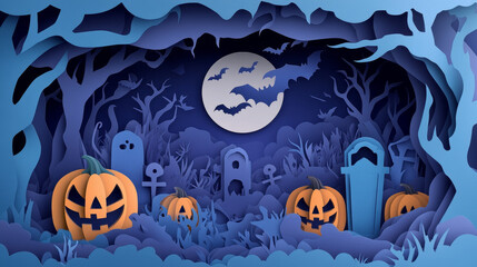 Halloween paper cut banner with cemetery, pumpkin and flock of bats, holiday cartoon vector. Happy Halloween greeting with scary pumpkin, tombstone on cemetery and moon in haunted forest in paper cut