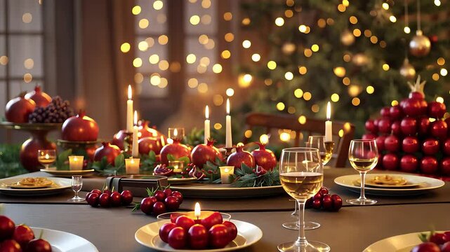 Elegant Christmas Dinner Table with Candles, Festive Decorations, Wine Glasses, and a Blurred Holiday Tree in the Background

