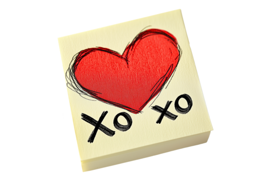 Hand drawn red heart sketch with XO XO text below placed on a yellow textured paper isolated on white transparent background. Concept of love and affection