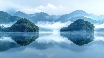Misty islands reflected in a calm lake with mountains in the background.