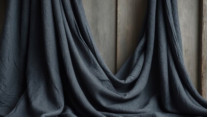 Obraz premium Draped Dark Gray Fabric on Wooden Background Elegant Textile Texture.