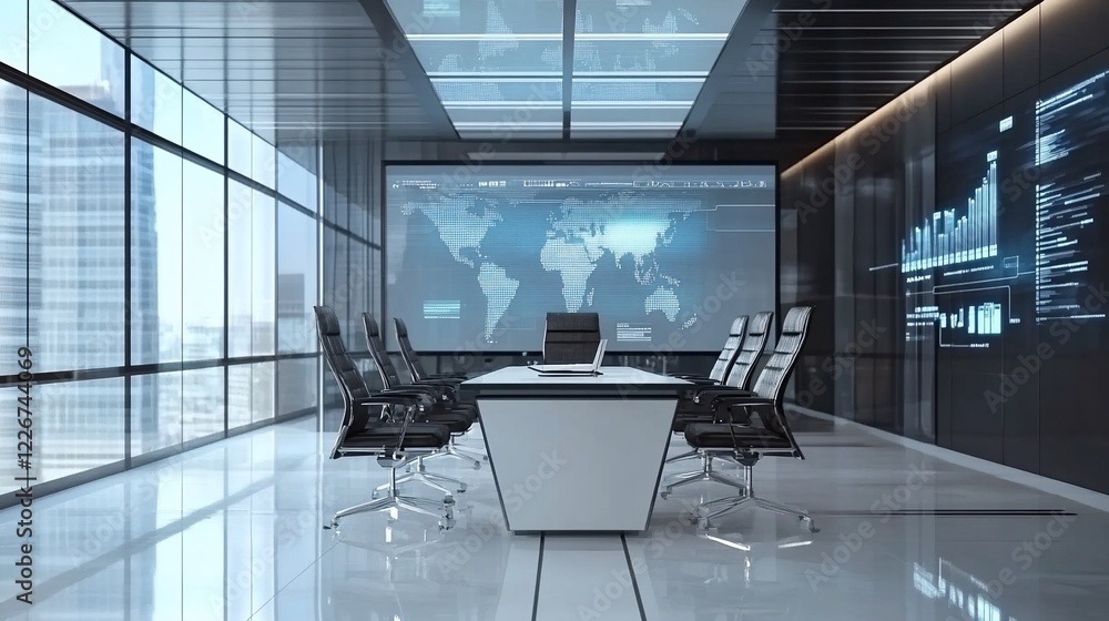 Poster modern office meeting room with large screen display showing world map and business charts