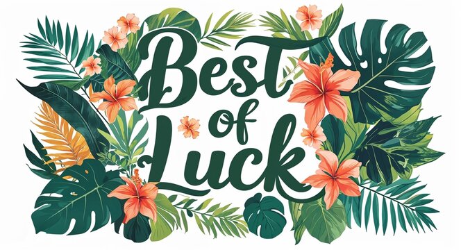best of luck lettering with tropical plants leaves and flowers design on plain white background