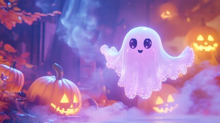 Charming glowing ghost floats among smiling pumpkins in a festive Halloween setting